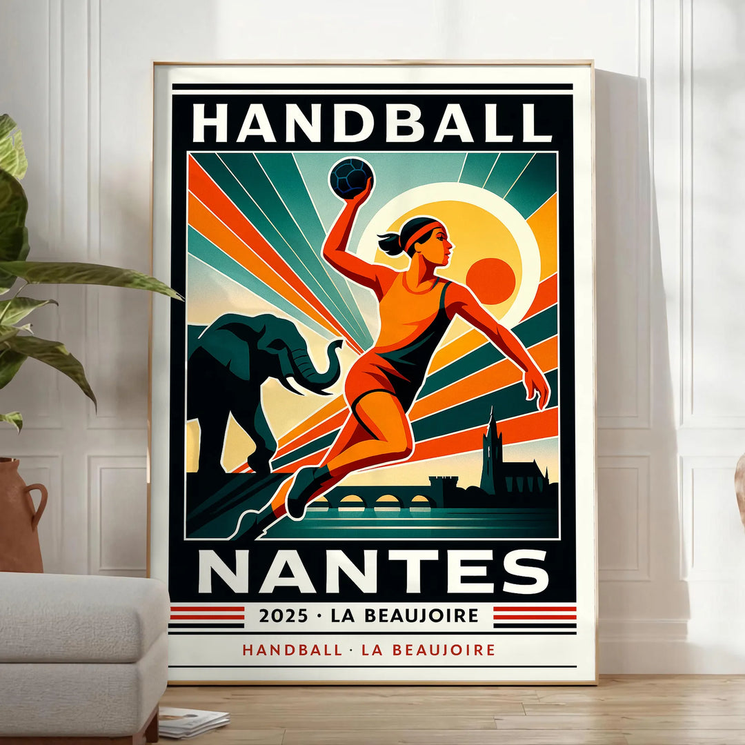 Pôster de handebol com design arrojado em vermelho e preto, disponível em vários tamanhos