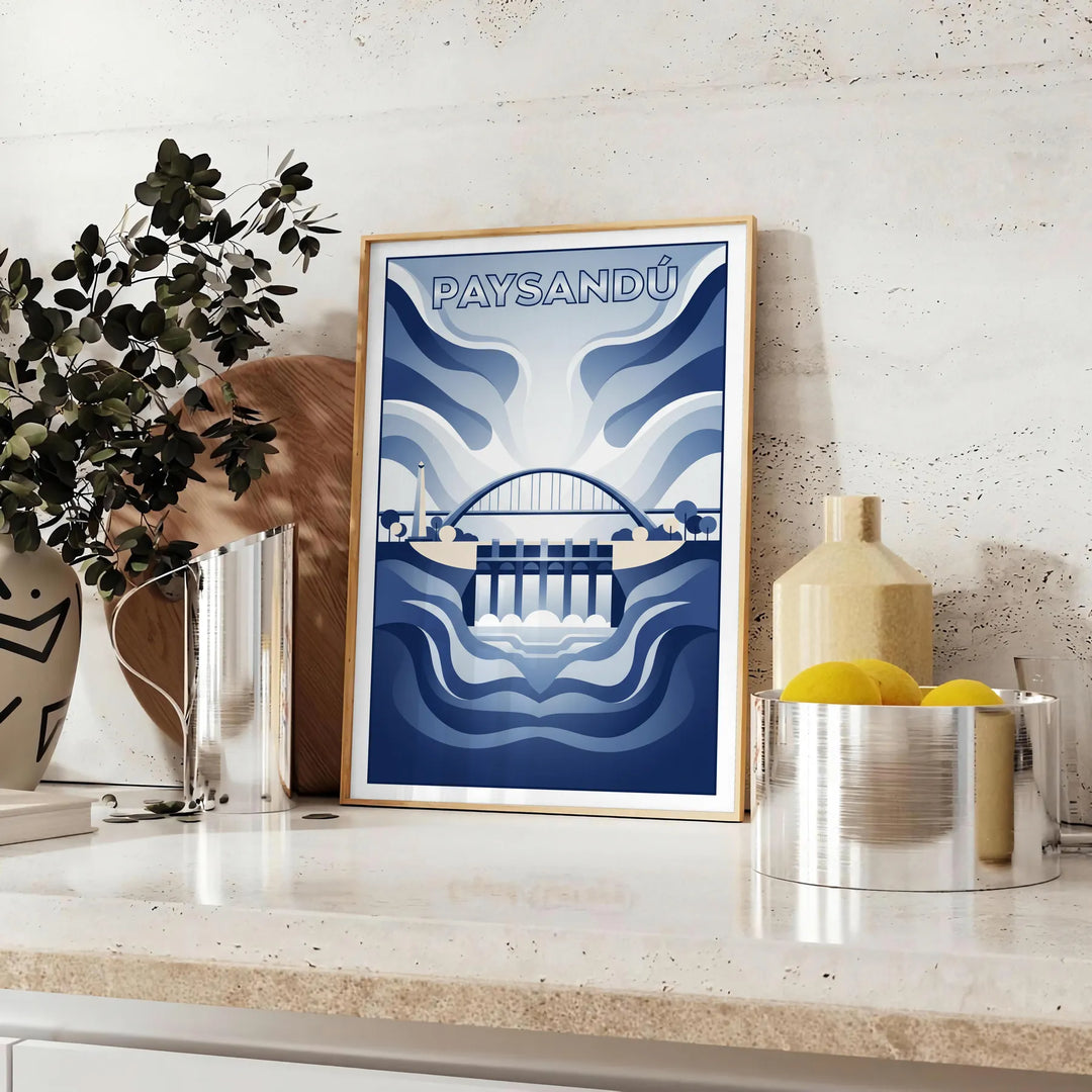 Affiche Art Déco bleue et blanche de Paysandú Uruguay, scène de rivière stylisée