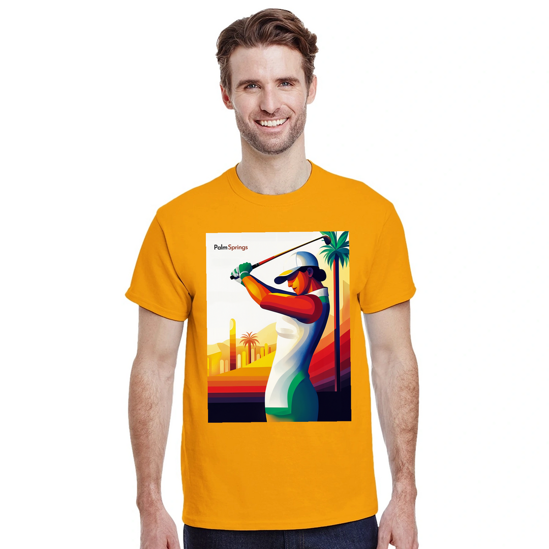 ゴルフパームスプリングスTシャツ。快適なコットン素材で、パームスプリングスの活気ある雰囲気を表現。ゴルフ愛好者や日差しを楽しむ人に最適な一枚です。