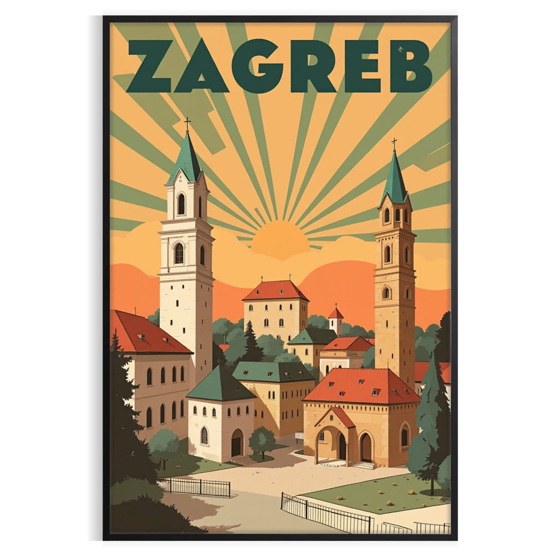 charm Zagreb Croatia stunning Art Déco vintage poster elegant shades brown green space eye piece essence bygone era dimensions A4 cm A0