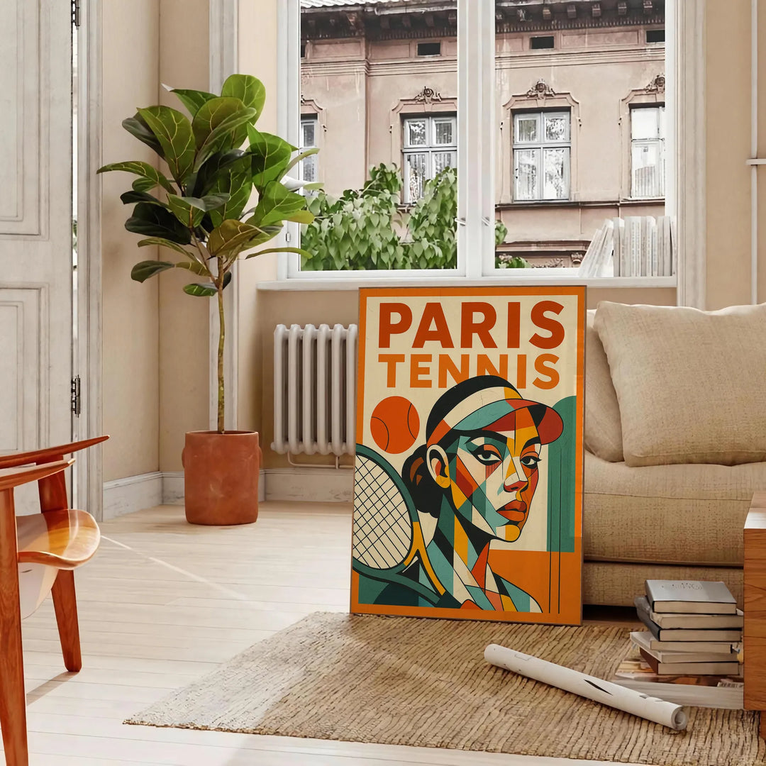 パリのキュビズムテニスポスター。鮮やかな赤と緑の色合いが特徴で、アート愛好者やテニスファンに最適。サイズは50x70 cmまたは30x40 cmから選べます。