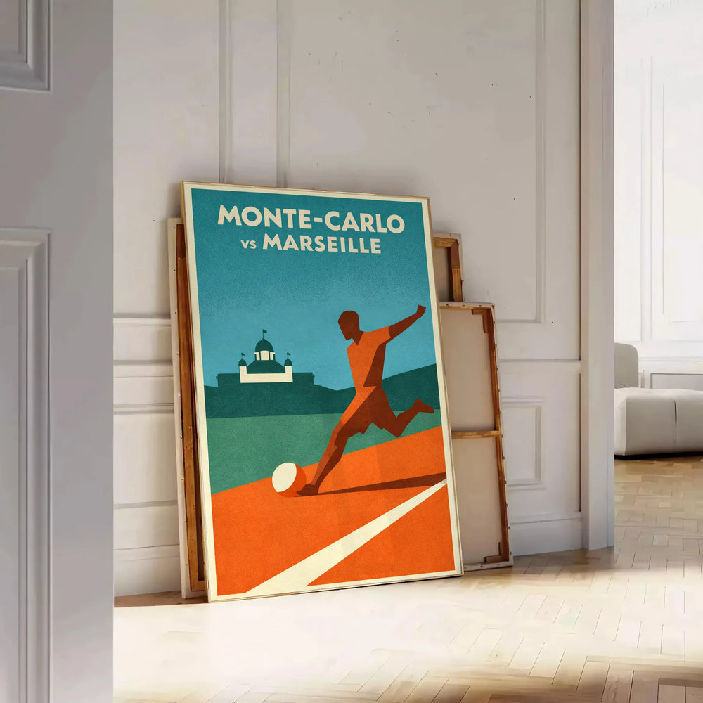 space stunning Monte Carlo Monaco football poster vibrant orange blue hues art piece spirit game excitement home