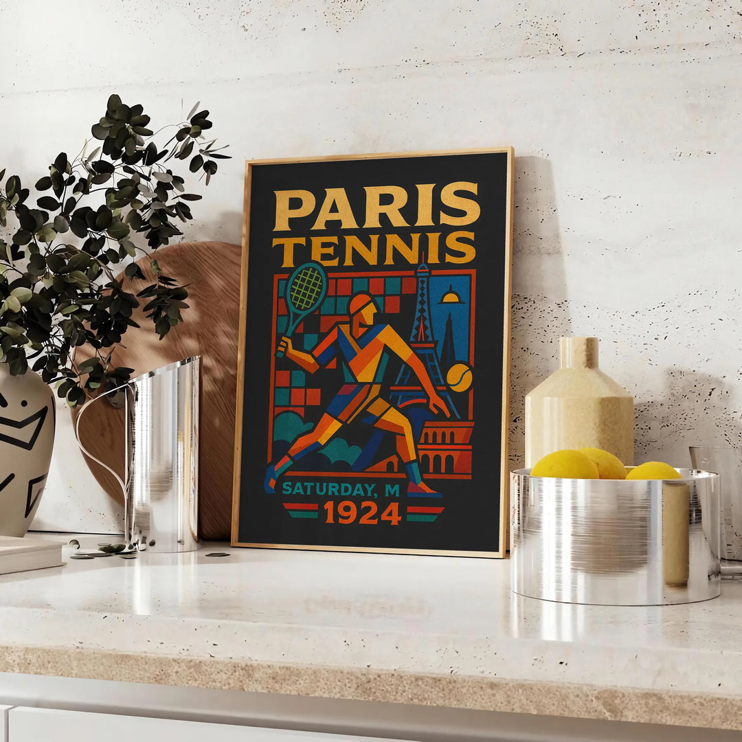 1924年のパリのヴィンテージカートゥーンテニスポスター。エレガントなグレーとブルーのトーンで、テニスファンやヴィンテージアート愛好者に最適です。