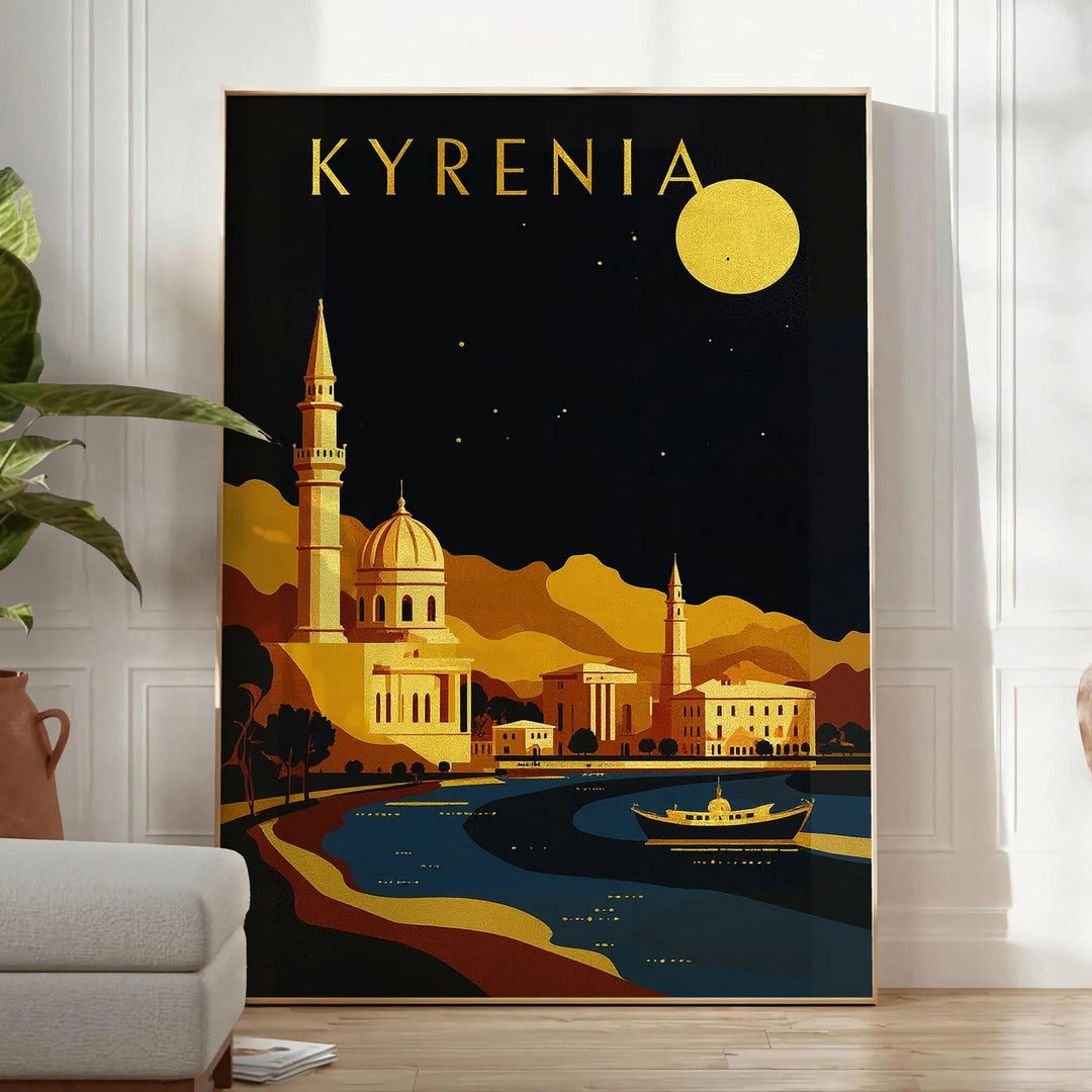 Manifesto vintage Art Déco di Kyrenia in arancione e nero.