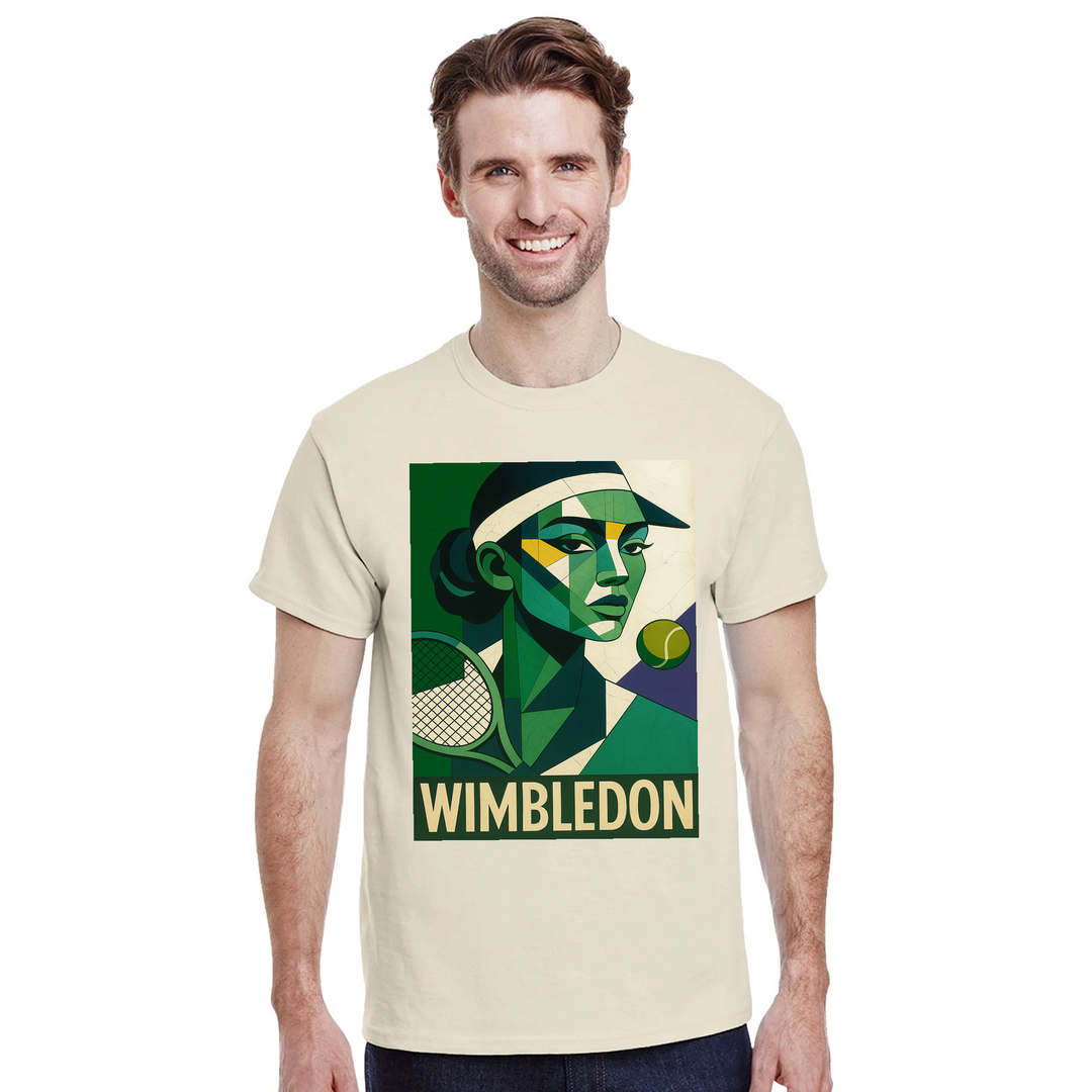 ウィンブルドン・キュビスト・テニスTシャツ。ユニークなキュビズムデザインが特徴で、テニス愛好者にもファッション好きにも最適なアイテム。サイズはS、M、L、XL、XXLがあります。