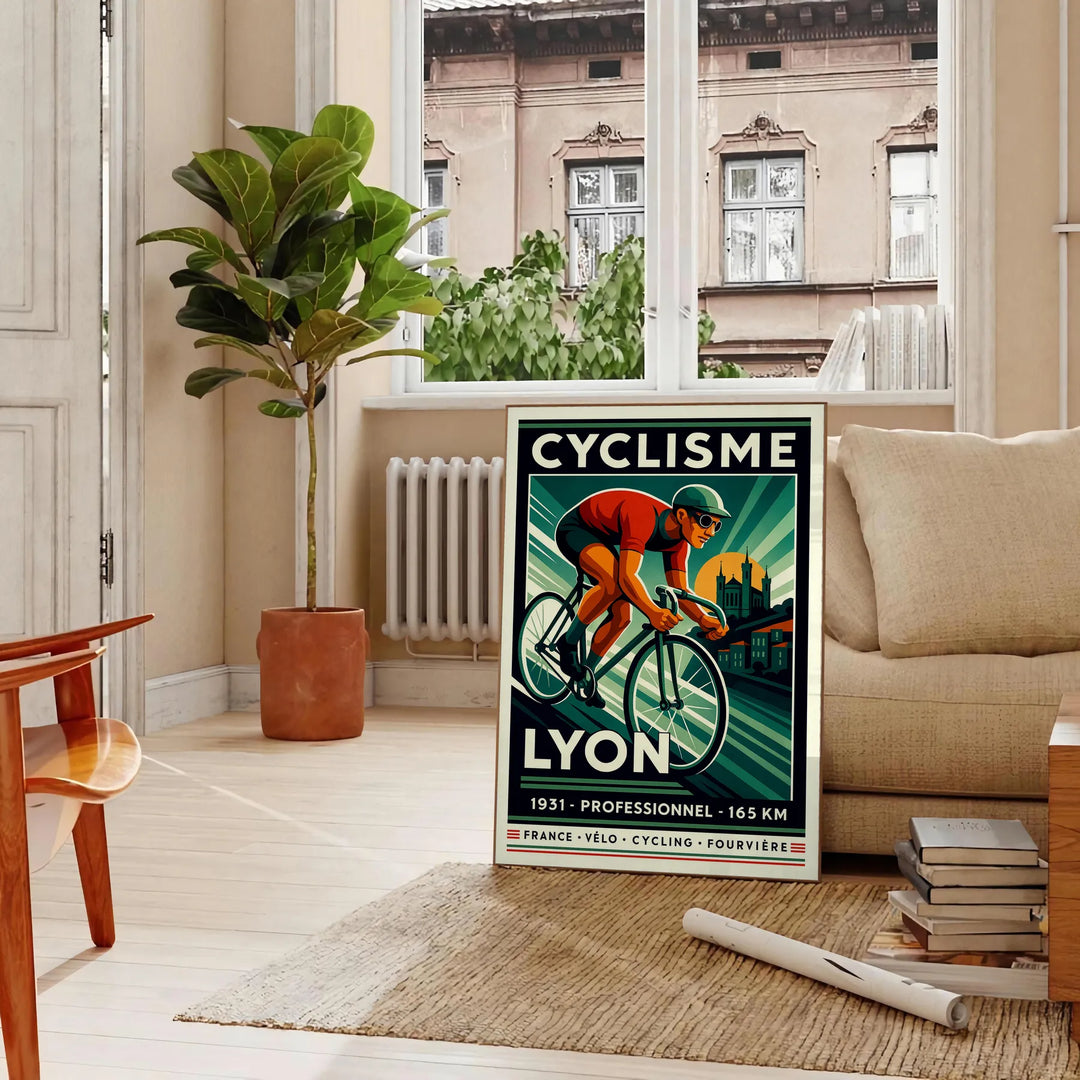 Affiche captivante cyclisme Lyon couleurs gris orange dynamique tous passionnés sport décoration vôtre dimensions cm 50x70 disponibles A4 A0