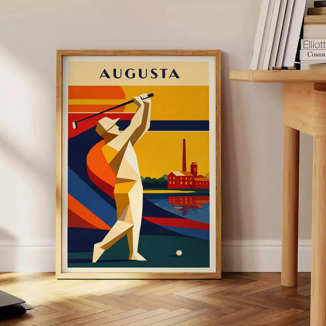 Illustration vintage du Augusta National Golf Club avec des collines vertes et un ciel bleu