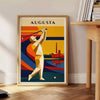 Illustration vintage du Augusta National Golf Club avec des collines vertes et un ciel bleu