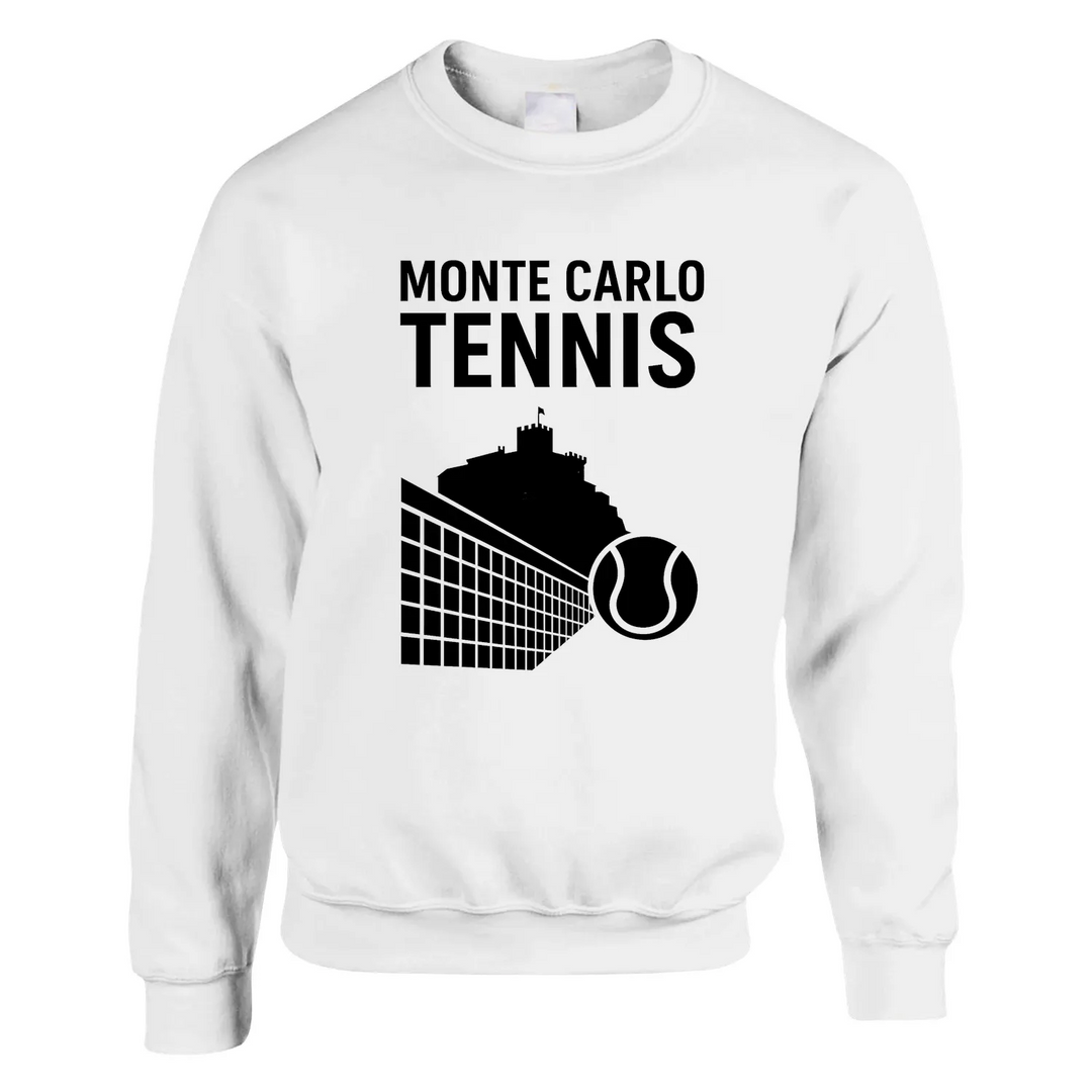 stylish Monte Carlo Tennis Sweater cozy 50 % cotton polyester blend air jet fabric softness resists double needle stitching durability classic cut rib spandex comfort