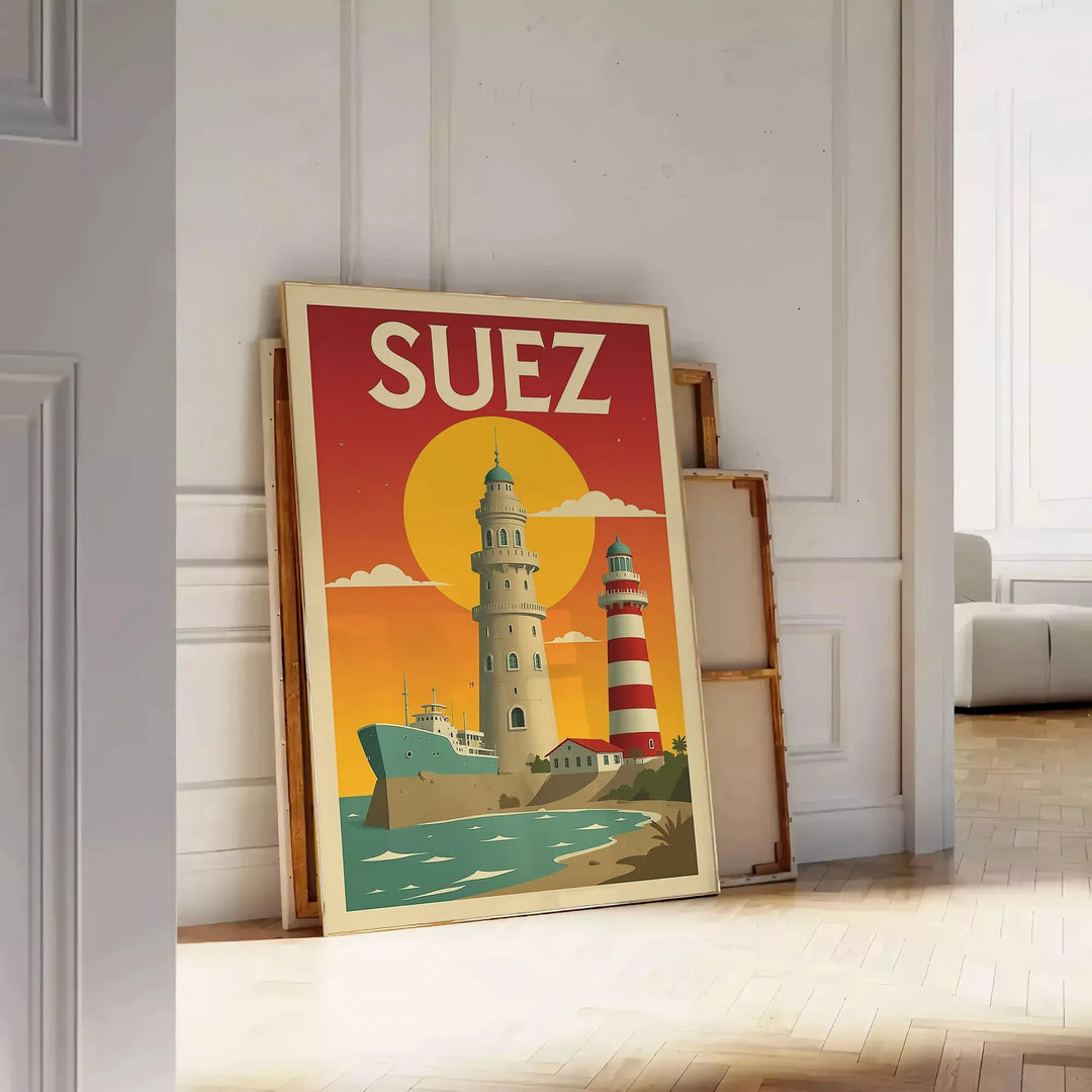 Manifesto Suez Egitto Art Déco vintage in grigio e arancione