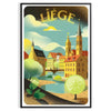 Póster vintage Art Déco de Lieja, Bélgica, paisaje urbano estilizado verde y blanco