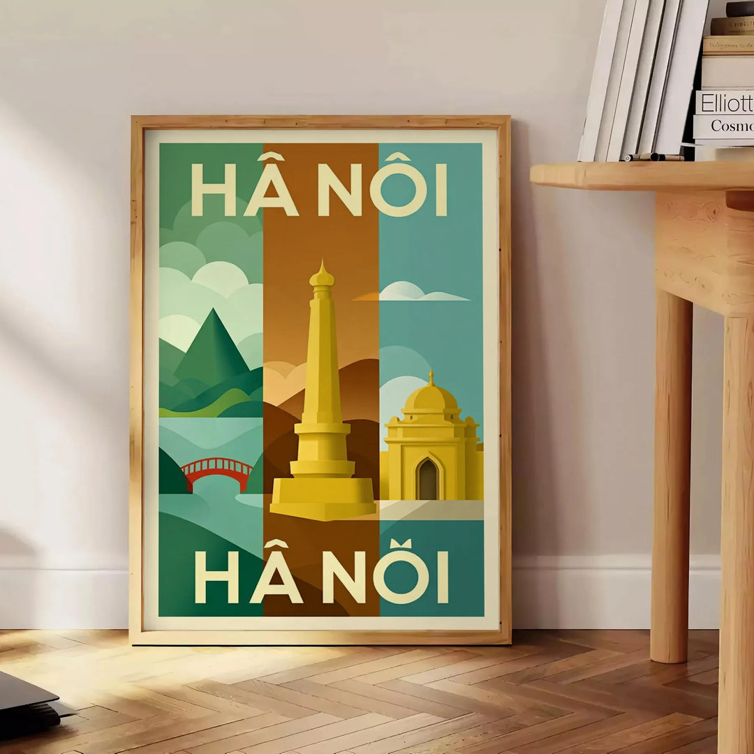 Vintage reseplakat från Hanoi, Vietnam med Art Deco-element i livfulla blå och gröna nyanser. Perfekt för inredning och nosta