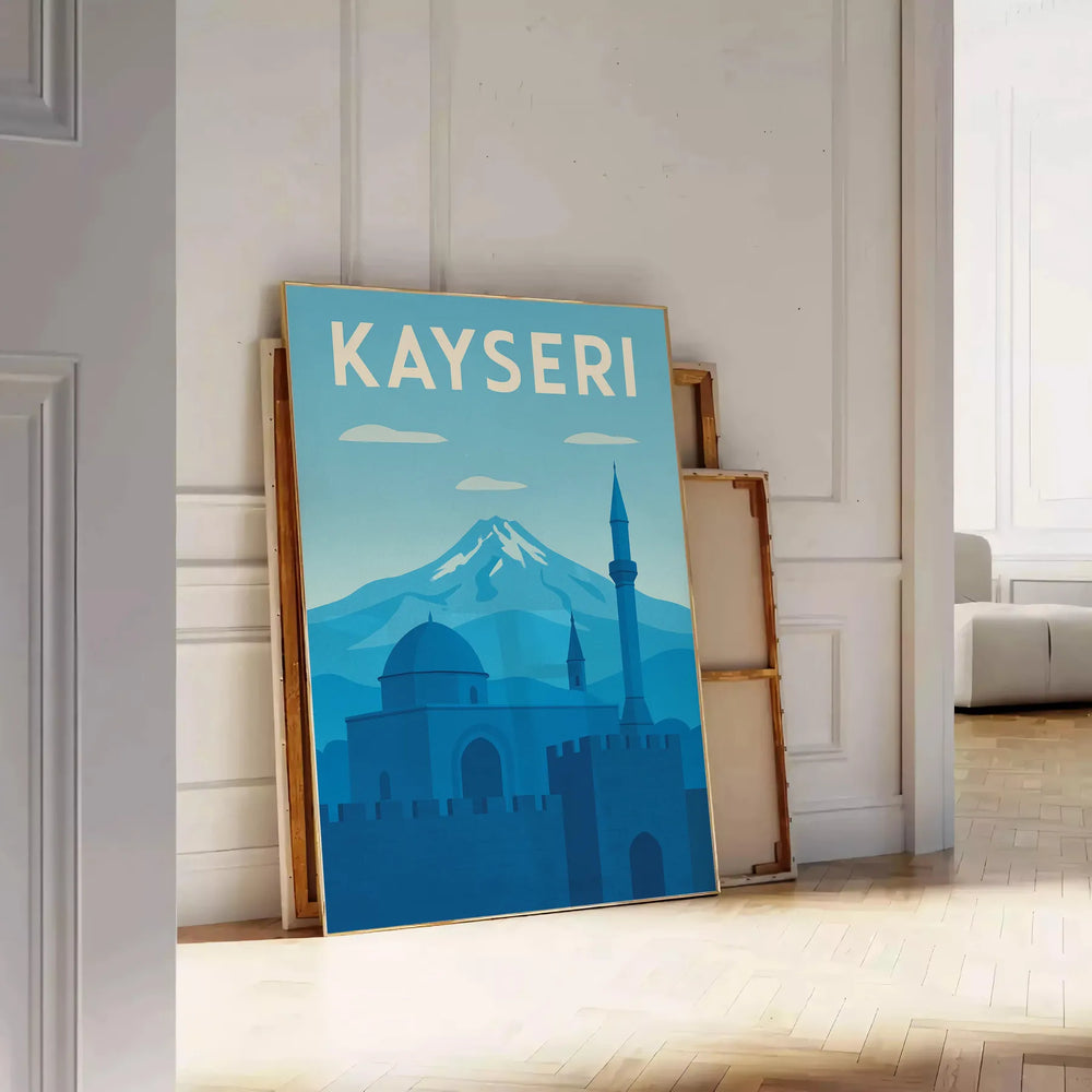 Blue Kayseri Turkey travel poster showing historic skyline in flat vintage style