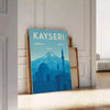 Blue Kayseri Turkey travel poster showing historic skyline in flat vintage style