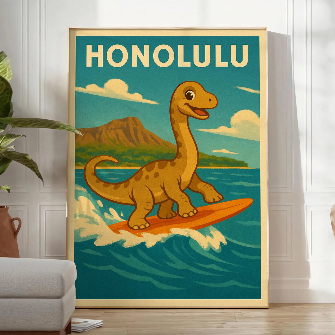Affiche captivante thème Kid Dinosaur Honolulu Surf chambre enfant teintes vives vert jaune œuvre ludique dimensions cm une touche fun espace tailles A4 A0