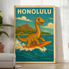Affiche captivante thème Kid Dinosaur Honolulu Surf chambre enfant teintes vives vert jaune œuvre ludique dimensions cm une touche fun espace tailles A4 A0
