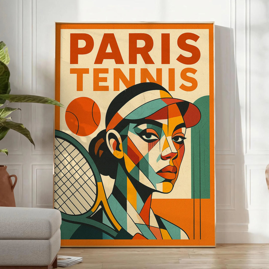 パリのキュビズムテニスポスター。鮮やかな赤と緑の色合いが特徴で、アート愛好者やテニスファンに最適。サイズは50x70 cmまたは30x40 cmから選べます。