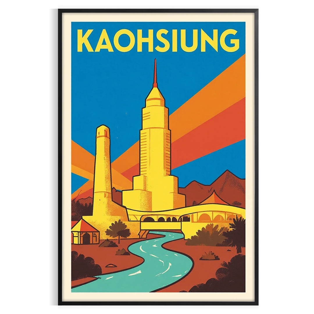 charm Kaohsiung Taiwan stunning vintage travel art deco poster blue white space touch nostalgia elegance decor wall available