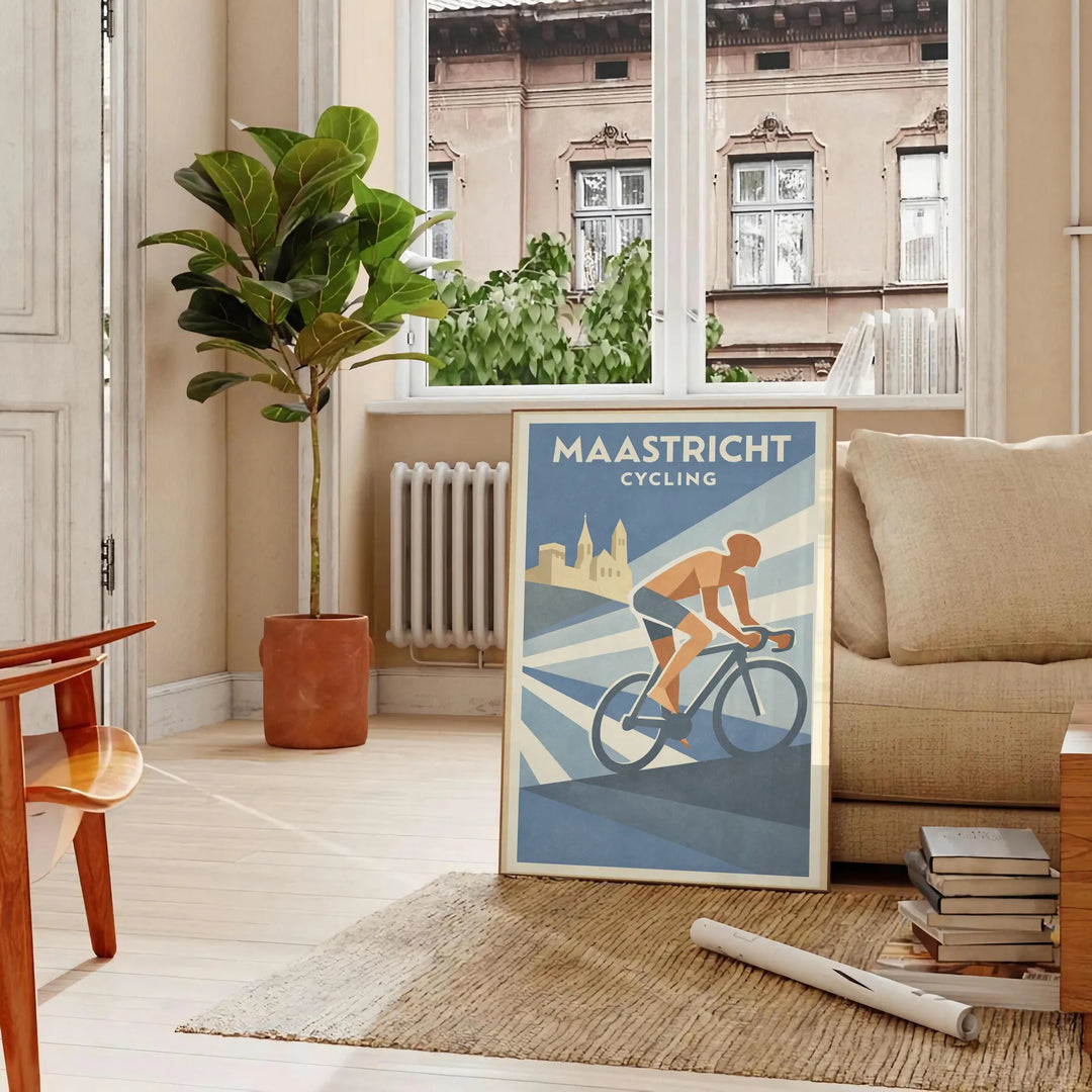 Plakat rowerowy Maastricht Pays-Bas z szaro-pomarańczowym wzorem, idealny dla miłośników kolarstwa i sztuki. Dostępny w różny