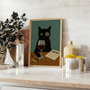 perfect blend charm sophistication Cat Reading News Wine poster playful feline lush green tones whimsical design space A4 cm A0 sizes