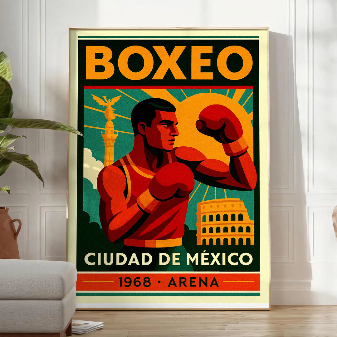 Slående affisch med boxningsmotiv inspirerad av Mexiko, i djärva röda och svarta färger. Perfekt för sportälskare