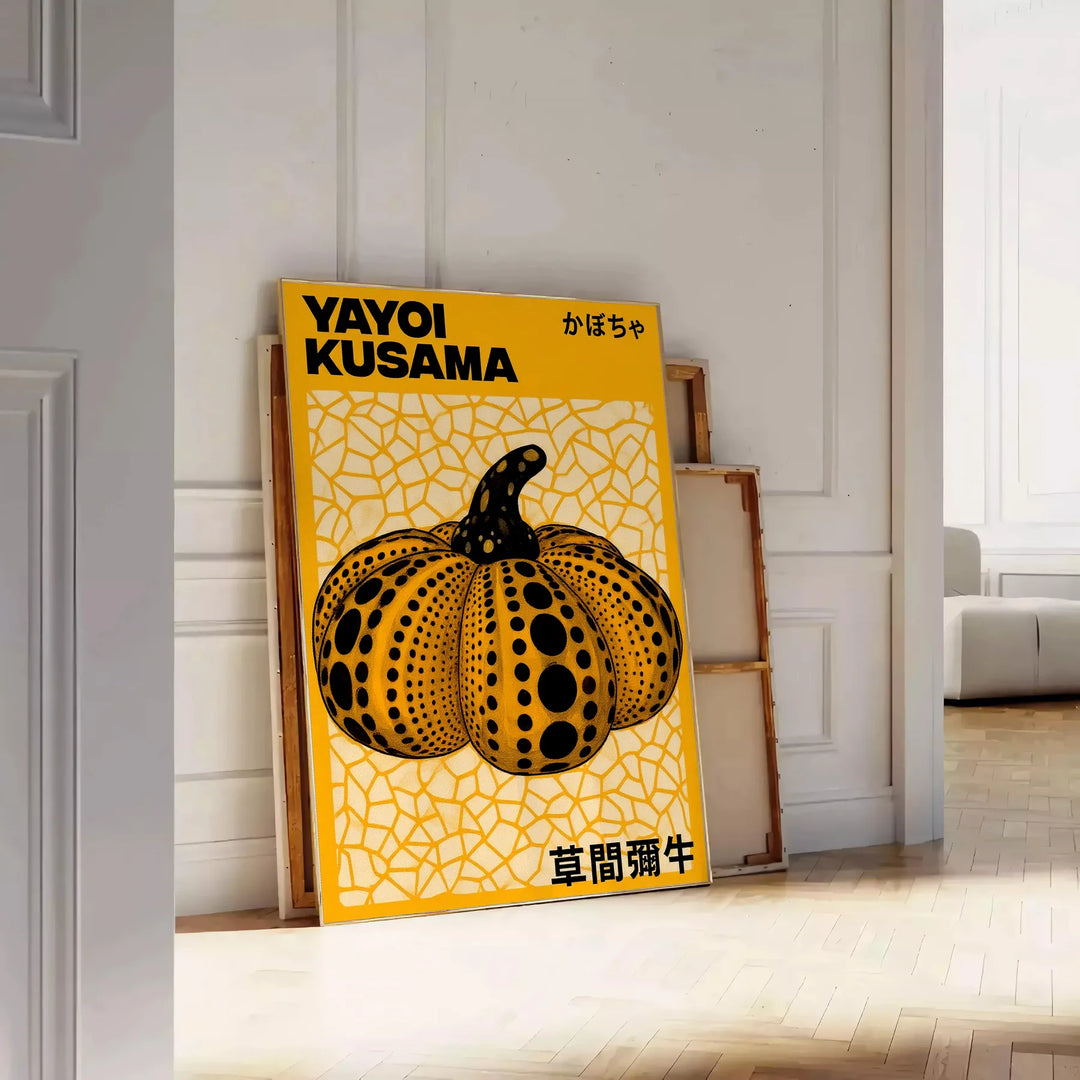 Krāsains ķirbju motīvu plakāts, iedvesmots no Yayoi Kusama stila, pieejams 50x70 vai 30x40 izmērā, ideāls mākslas mīļotājiem