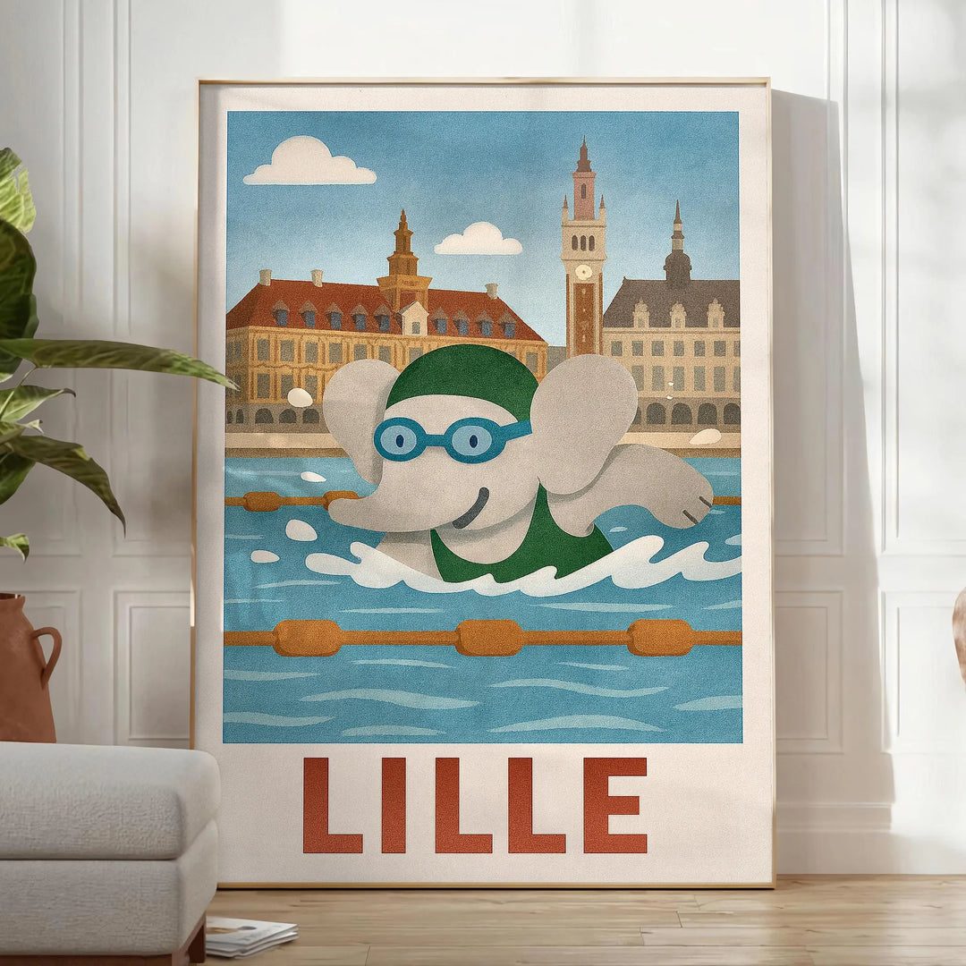 Πόστερ με ελέφαντα που κολυμπάει για παιδιά, σε παιχνιδιάρικες αποχρώσεις μπλε και γκρι, ιδανικό για φωτισμό του δωματίου