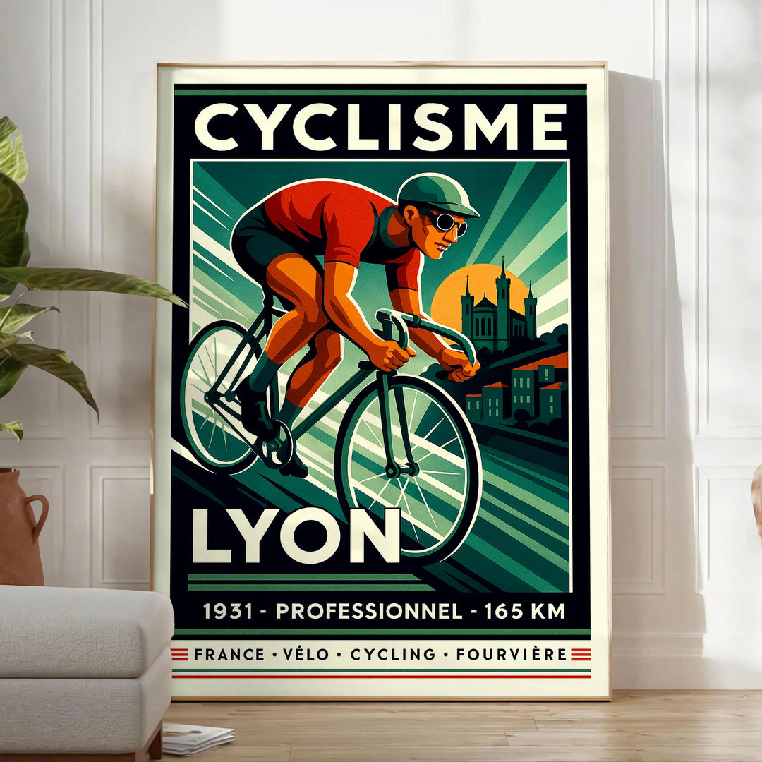 Affiche captivante cyclisme Lyon couleurs gris orange dynamique tous passionnés sport décoration vôtre dimensions cm 50x70 disponibles A4 A0