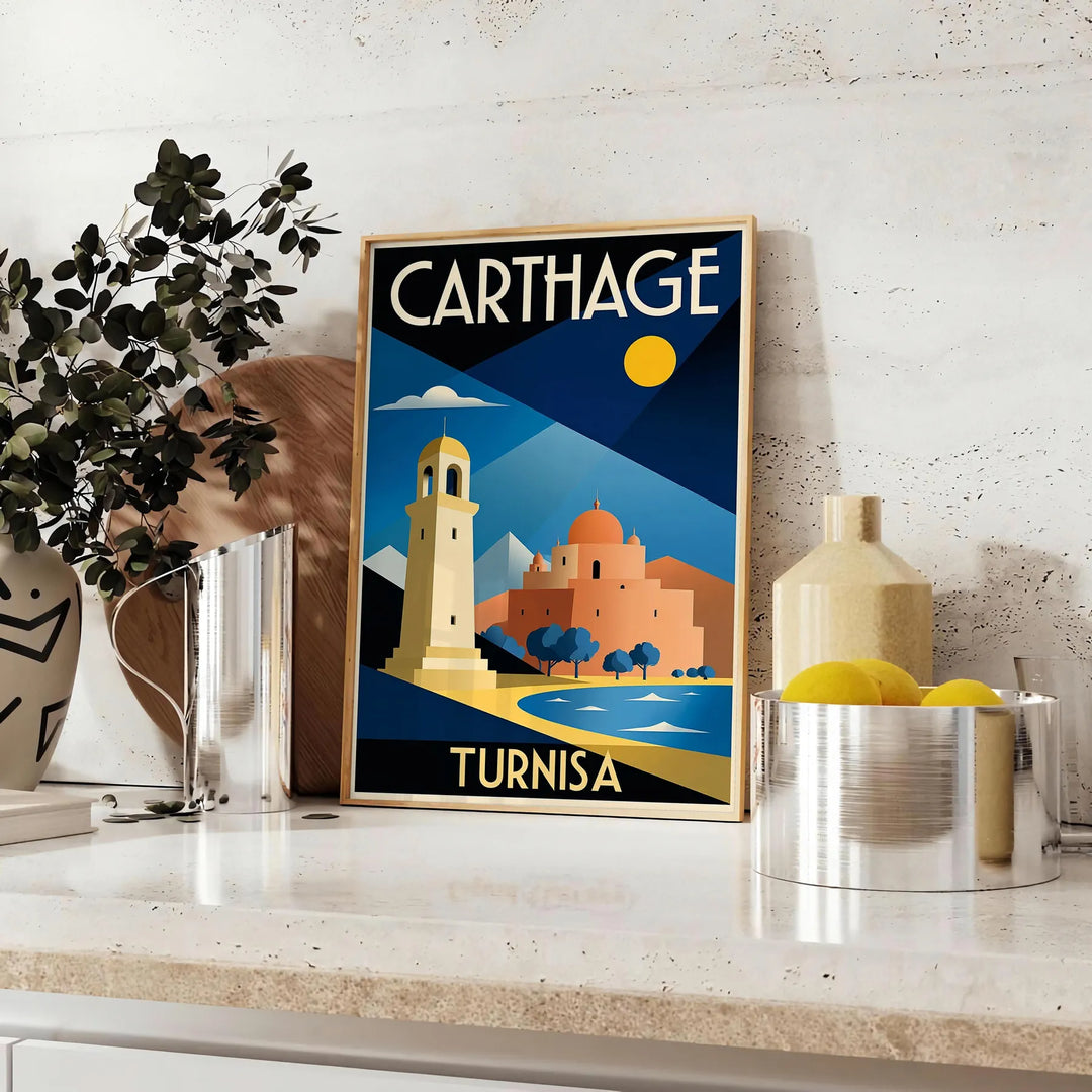 Art Deco poster featuring Carthage, Tunisia with blue and green hues