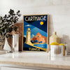 Art Deco poster featuring Carthage, Tunisia with blue and green hues