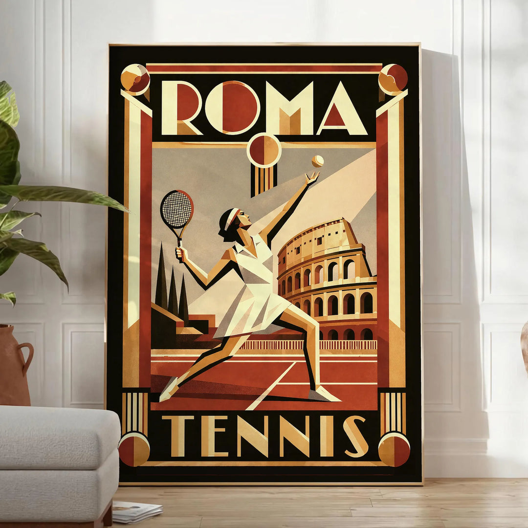 Roma Tennis Poster in lebendigen Rot- und Grüntönen, ideal für Sportliebhaber. Erhältlich in 50x70 oder 30x40, gerahmt oder u