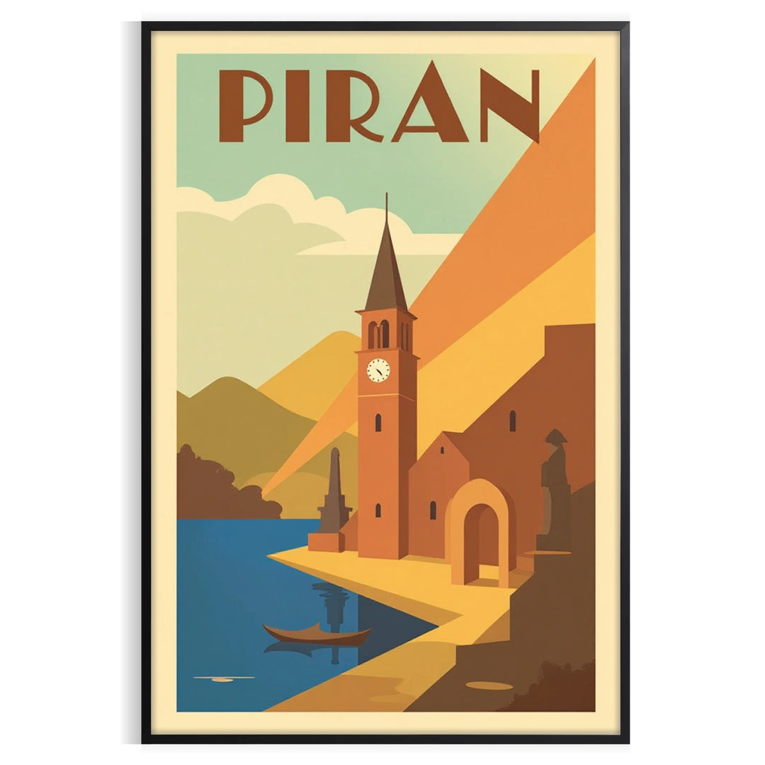 space stunning Piran Slovenia vintage travel poster vibrant orange blue hues charming Art Deco style enthusiasts artwork beauty today dimensions A4 cm A0