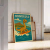 Affiche captivante thème Kid Dinosaur Honolulu Surf chambre enfant teintes vives vert jaune œuvre ludique dimensions cm une touche fun espace tailles A4 A0