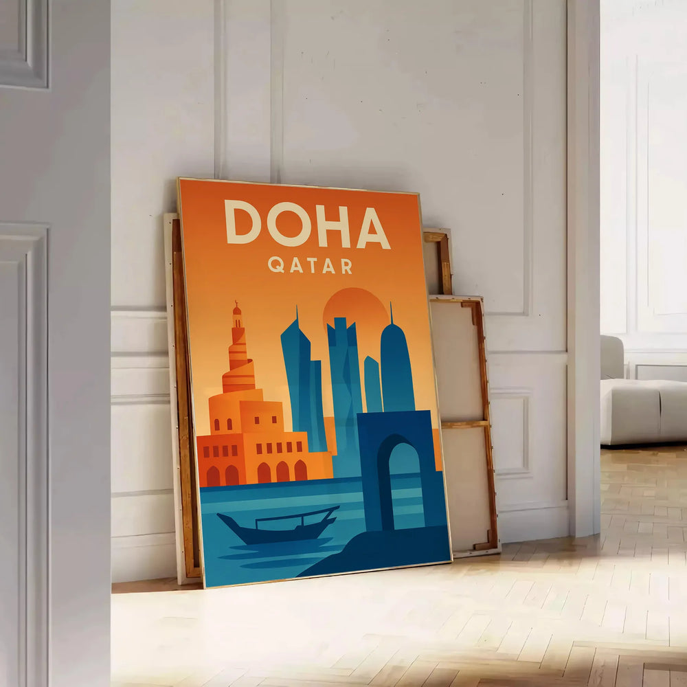 Poster showing vibrant Doha skyline in space-themed abstract style with green and orange tones