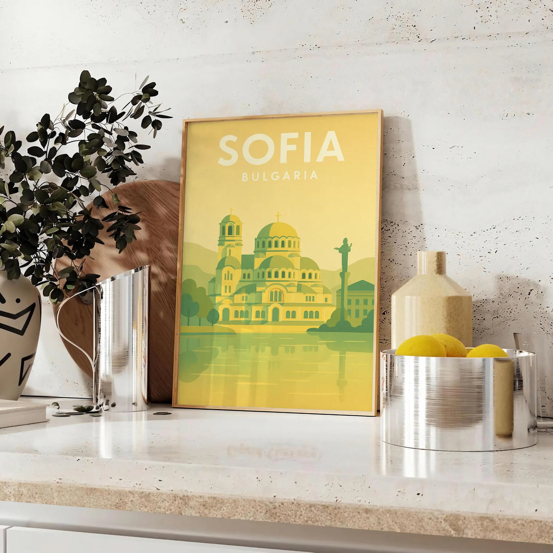 黄色 と 灰色 の ミニマル な Sofia 都市 アート ポスター、現代 的 グラフィック 印刷