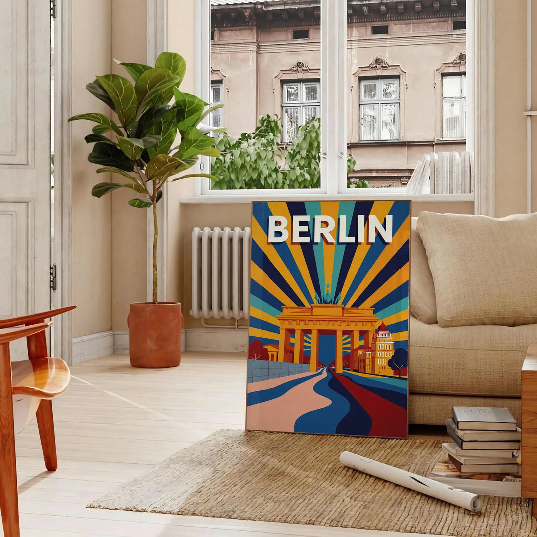 Poster Art Déco di Berlino, panorama urbano rosso e arancione vintage