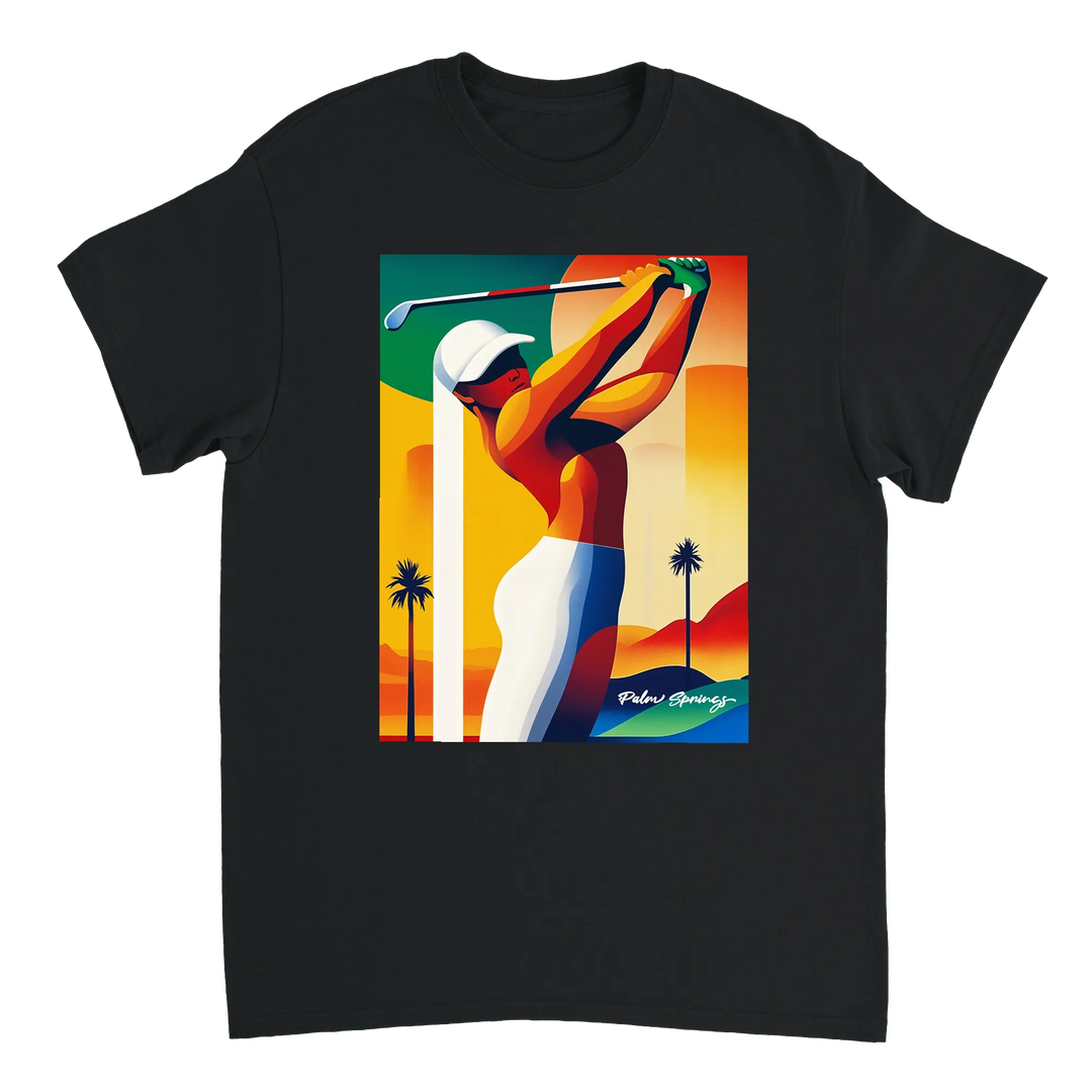 パームスプリングスのゴルフをイメージしたスタイリッシュなTシャツ。快適な着心地と耐久性のあるプレミアムコットンを使用。