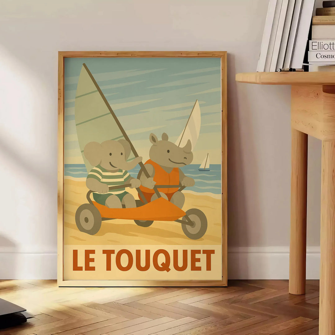 whimsical charm kid elephant rhinoceros poster sandy fun Le Touquet sand yachting gray green tones eye design perfect child room joy walls