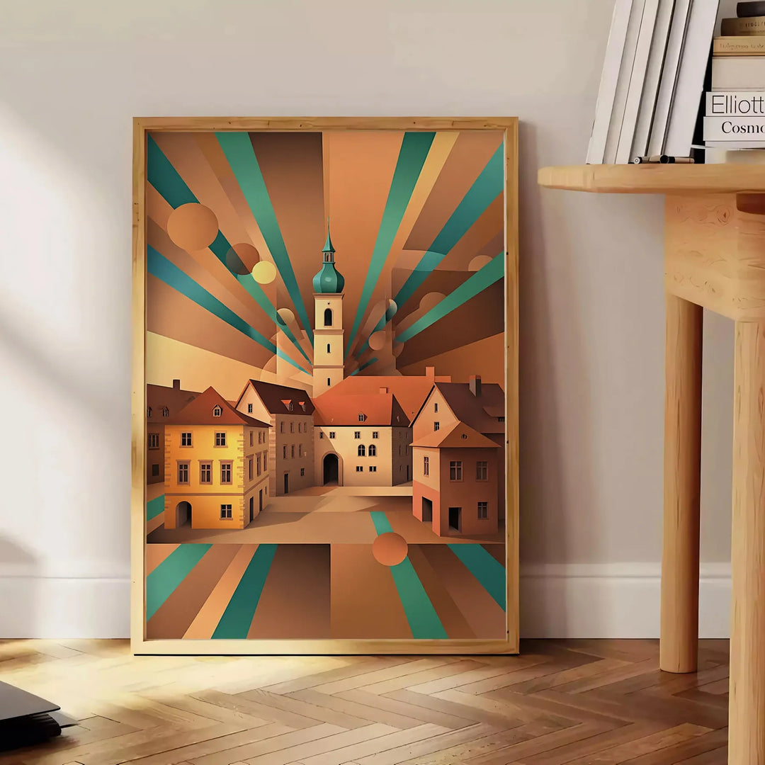 Poster Art Déco di České Budějovice nei toni del giallo e blu