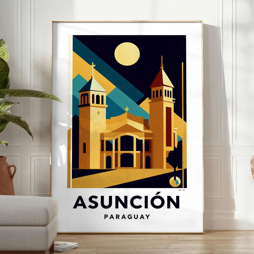 Blue and black Art Déco Asunción Paraguay poster with vintage city silhouette