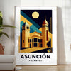 Blue and black Art Déco Asunción Paraguay poster with vintage city silhouette