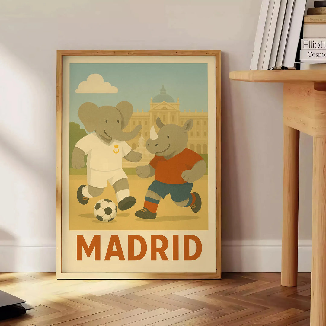 une touche ludique intérieur affiche Kid Elephant Rinhoceros thème football Madrid tons gris vert petits fans foot décoration unique disponibles cm 30×40 A4 A0