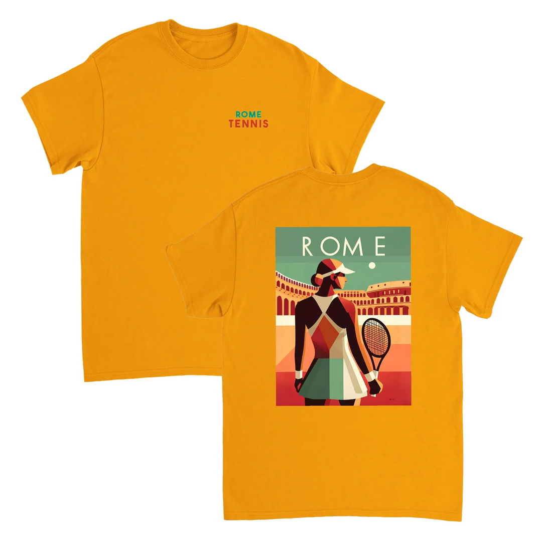 情熱的なファンとスタイリッシュなアスリートのためにデザインされたローマテニスTシャツ。コート内外での着用に最適な鮮やかなテニスグラフィックが特徴。柔らかく通気性のあるコットン素材で快適さを提供します。