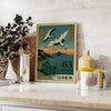 élégance asiatique affiche Cranes Dusk Japanese Stamp nuances bleu vert une touche sereine intérieur espace galerie raffinée A4 cm A0
