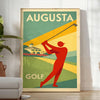 Pôster de estilo vintage apresentando uma cena de golfe em Augusta, Estados Unidos, com tons verdes e laranja