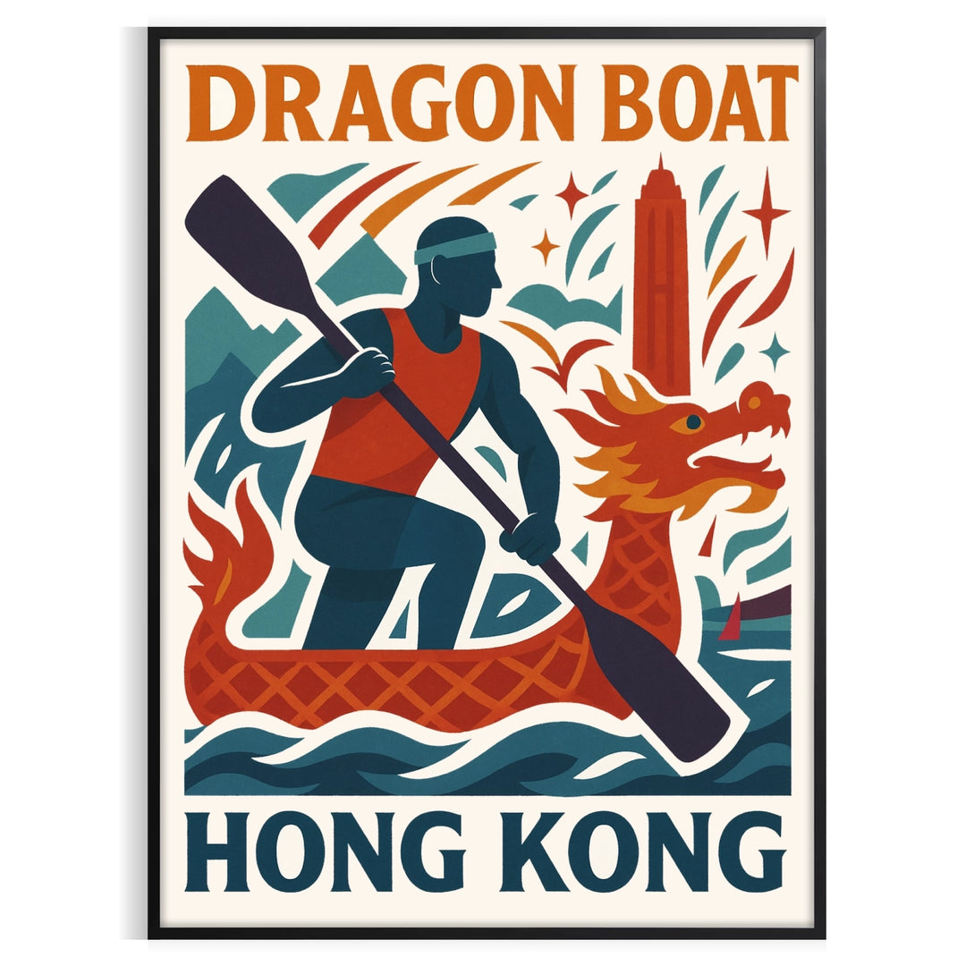 passion sports stunning dragon boat poster vibrant red orange hues spirit Hong Kong dynamic culture dimensions artwork perfect enthusiasts space framed unframed options