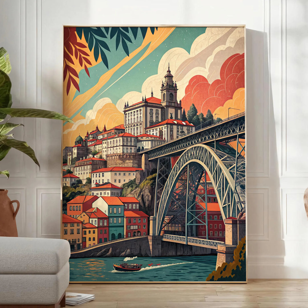 Poster vintage di Porto in stile Art Déco, toni grigio e arancione