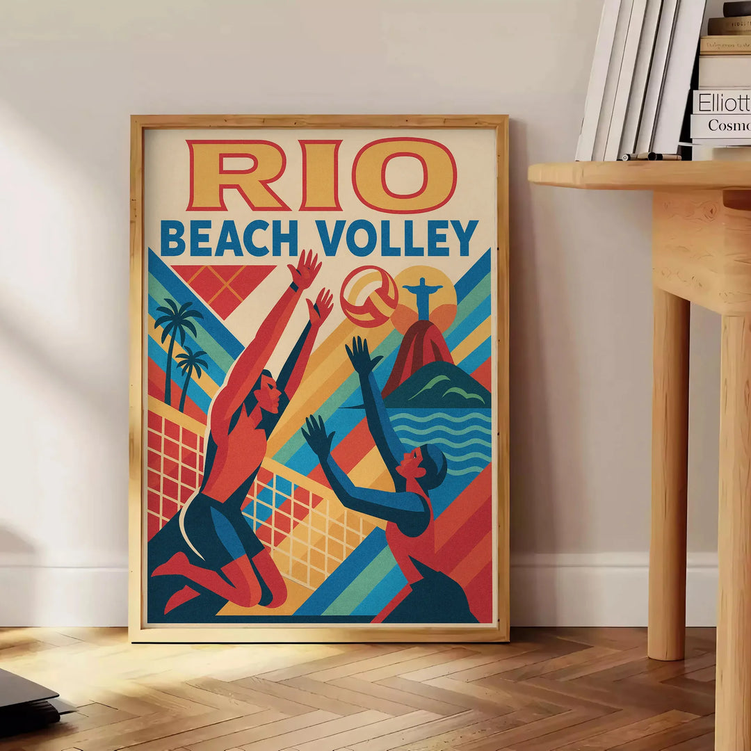 Vintage poster med beach volley-tema i livliga orange och blå färger, perfekt för sportentusiaster och retroinredning. Finns