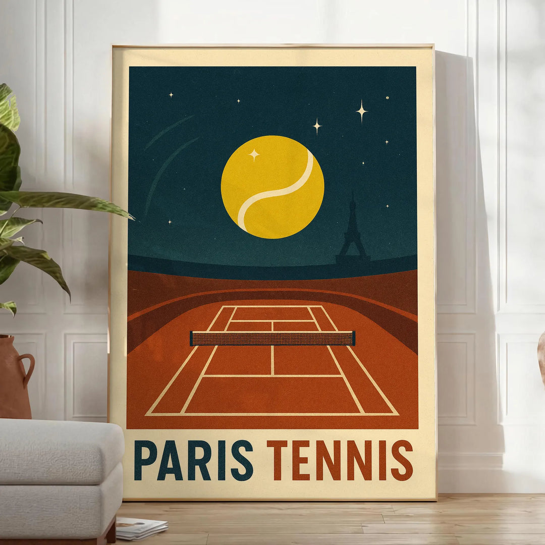 夜のパリの魅力を感じる「パリ・テニス・バイ・ナイト」ポスター。大胆な黒と赤のトーンで、どんな空間にもエレガンスを加えます。