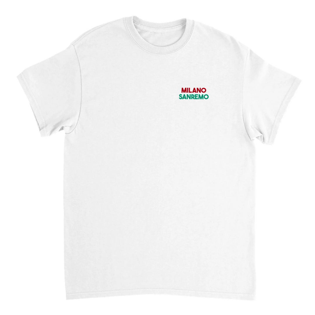 Koszulka Milano Sanremo z unikalnym wzorem, idealna dla miłośników kolarstwa. Dostępna w rozmiarach S, M, L, XL